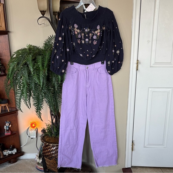 Free People Tops - Brand New Free People Navy Floral Embroidered Off Shoulder Top & Lavender Jeans